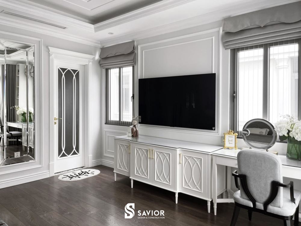 Góc kệ tivi và bàn trang điểm thanh lịch, mang đôi nét hoài cổ