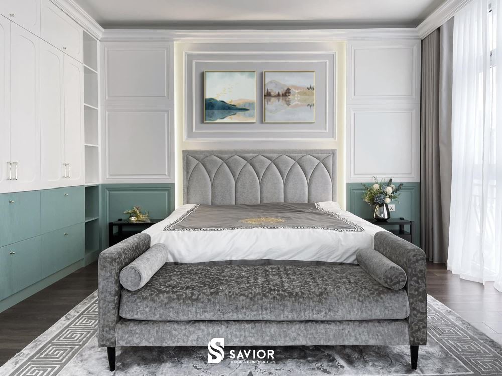 Phòng ngủ phụ với tông màu đơn sắc, nhẹ nhàng tạo cảm giác thoải mái