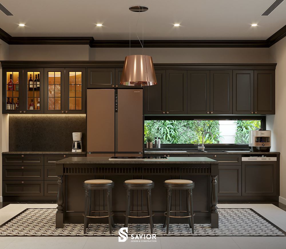 Căn bếp ấm cúng, tiện nghi với gam màu nâu trầm