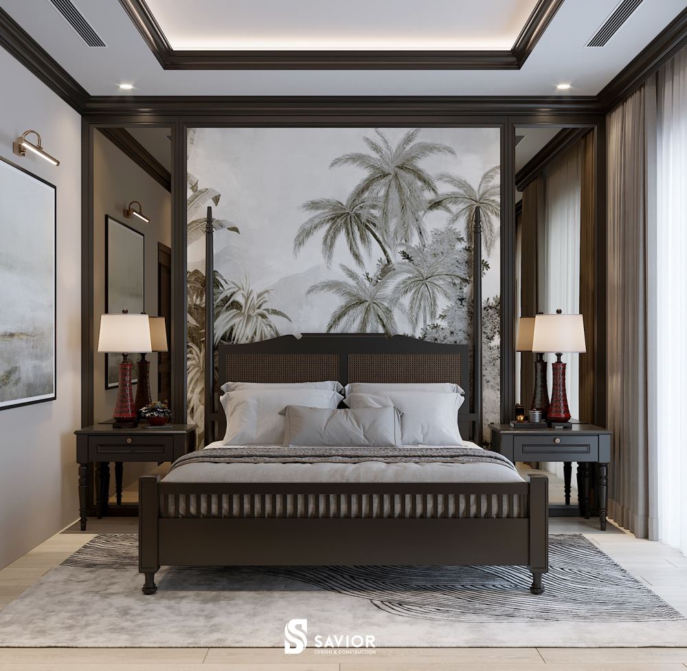 Phòng ngủ với những họa tiết cây cỏ đặc trưng của phong cách Đông Dương