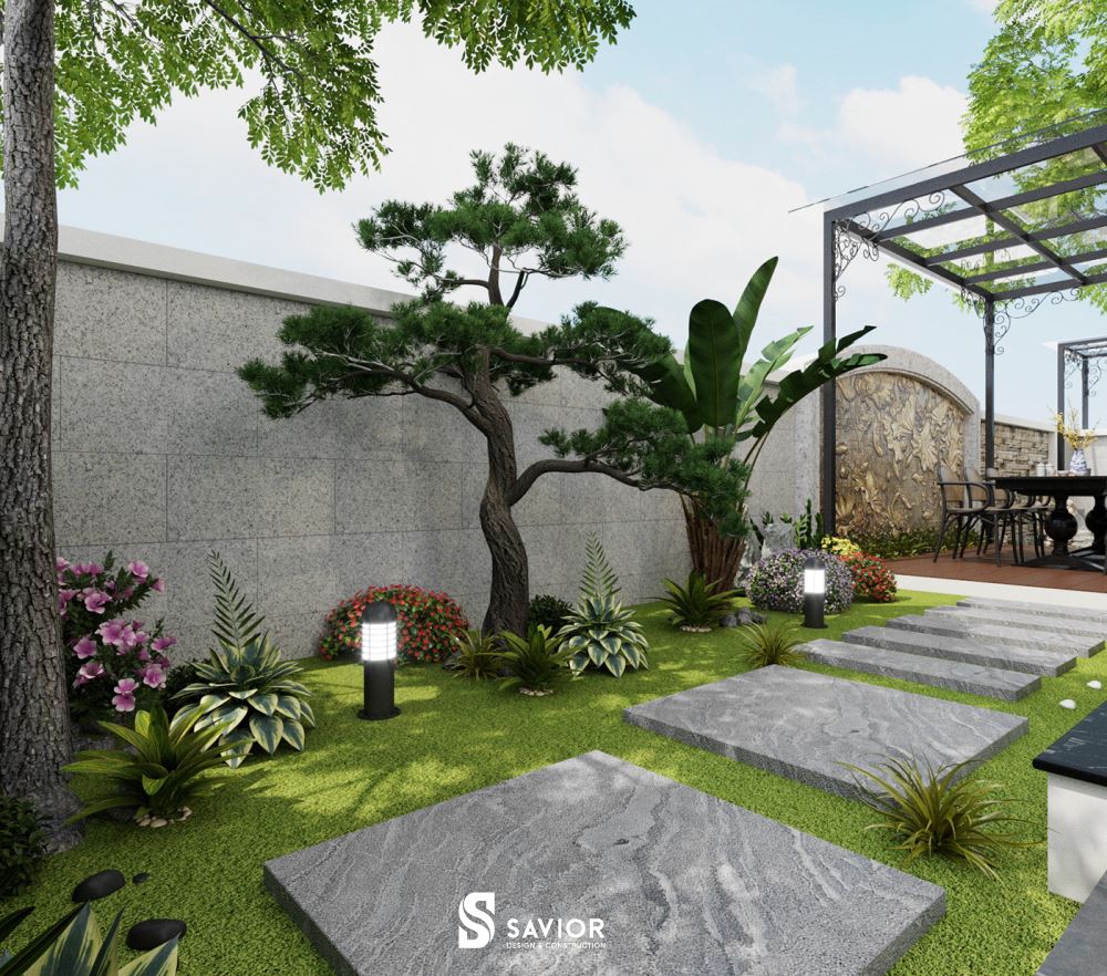 Mật độ cây cảnh trong khuôn viên sân vườn vừa phải, tạo cảnh quan thông thoáng