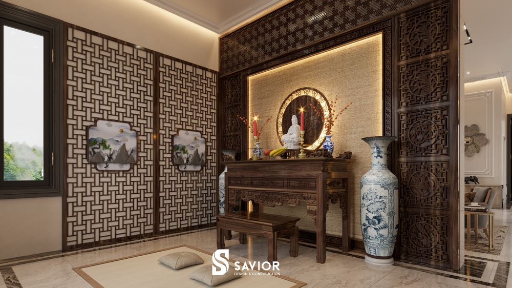 Chất liệu gỗ tự nhiên được sử dụng cho không gian phòng thờ