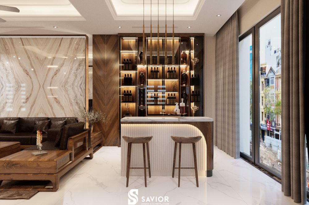 Không gian phòng khách cùng quầy rượu độc đáo