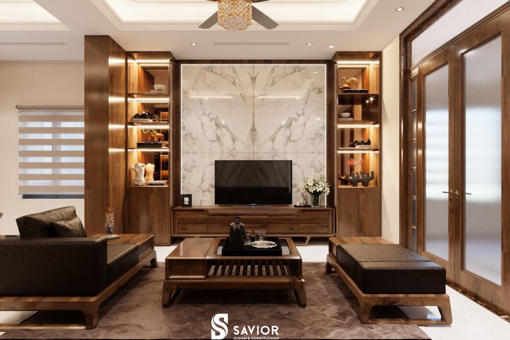 Mẫu thiết kế nội thất biệt thự Vinhomes Ocean Park gỗ óc chó sang trọng