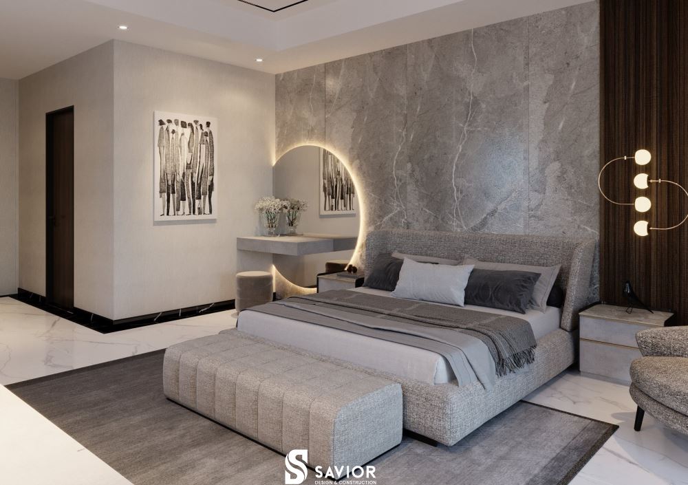 Tông màu xám tro nhẹ nhàng làm chủ đạo cho căn phòng