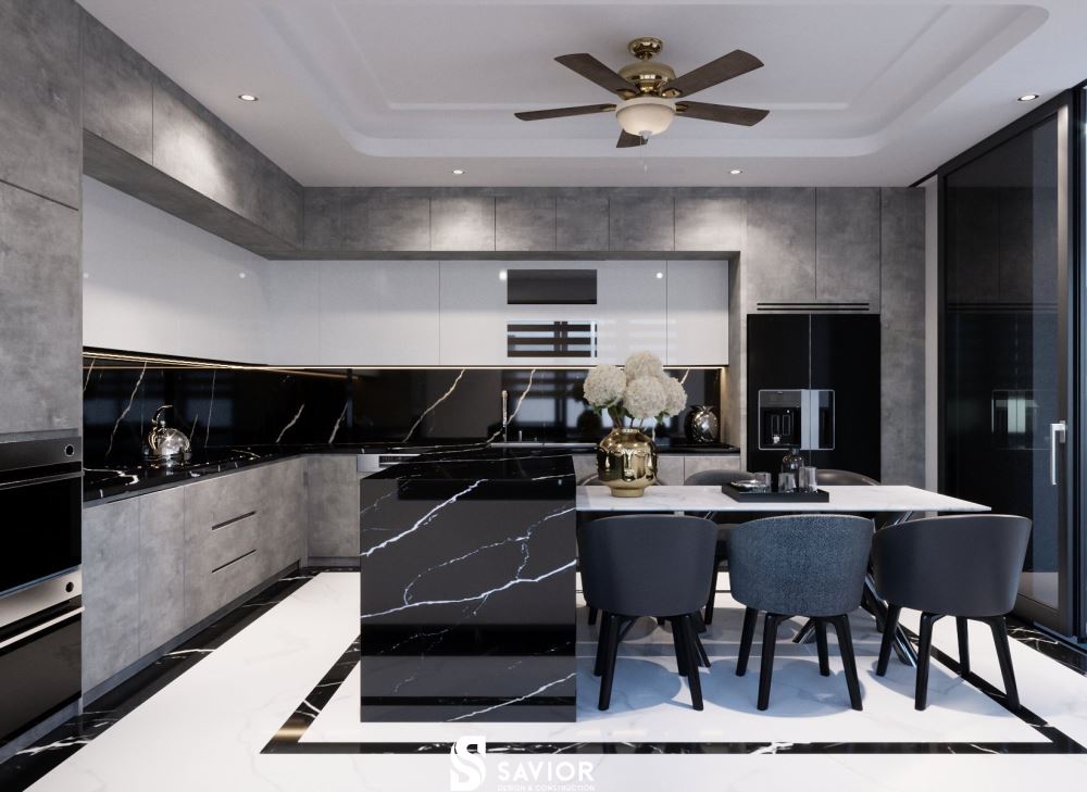Tông màu đen xám được sử dụng cho phòng bếp biệt thự