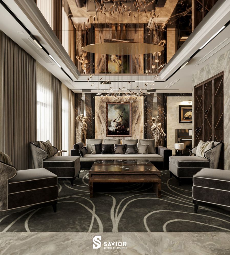 Không gian phòng khách sang trọng, thời thượng với những chi tiết xa hoa