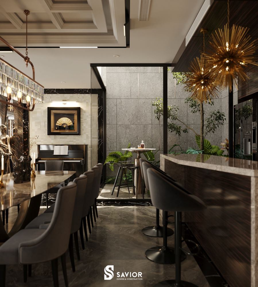 Nhà bếp mở ra view vườn xanh mát, thư thái vô cùng