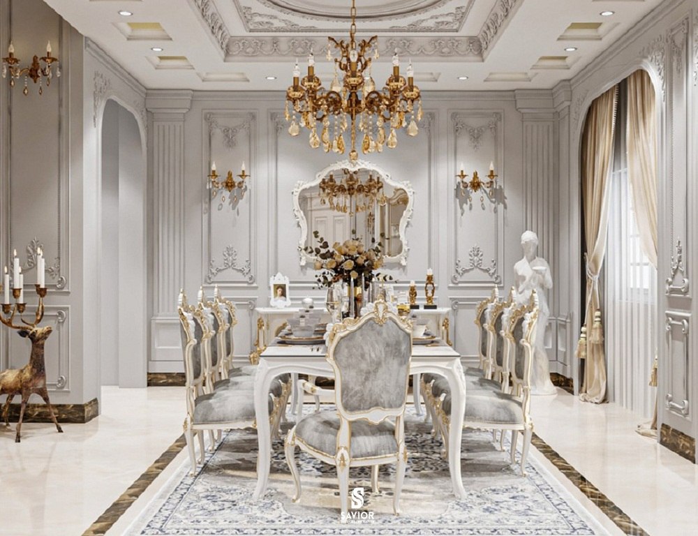 Không gian phòng ăn cổ điển sử dụng chất liệu bọc nhung làm tăng thêm phần mềm mại, sang trọng và quyến rũ