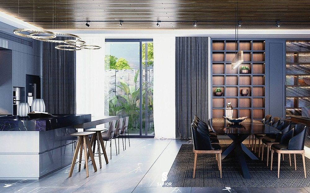 Không gian phòng bếp biệt thự hiện đại hạn chế tối đa những thiết kế trang trí cầu kỳ, phức tạp