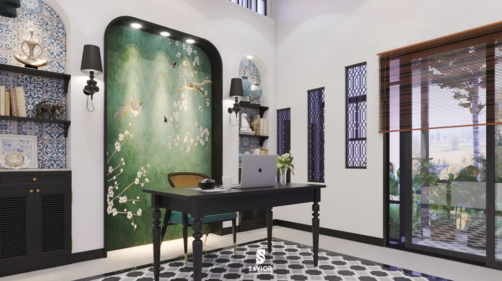 Góc làm việc mang đậm nét truyền thống Á Đông nhưng vẫn hiện đại