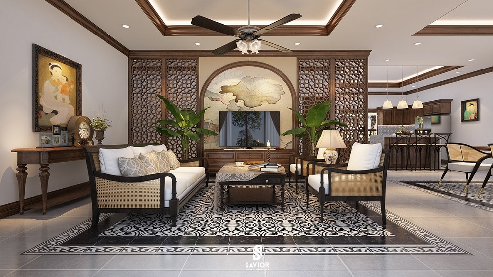 Thiết kế vách ngăn phòng khách với họa tiết bắt mắt