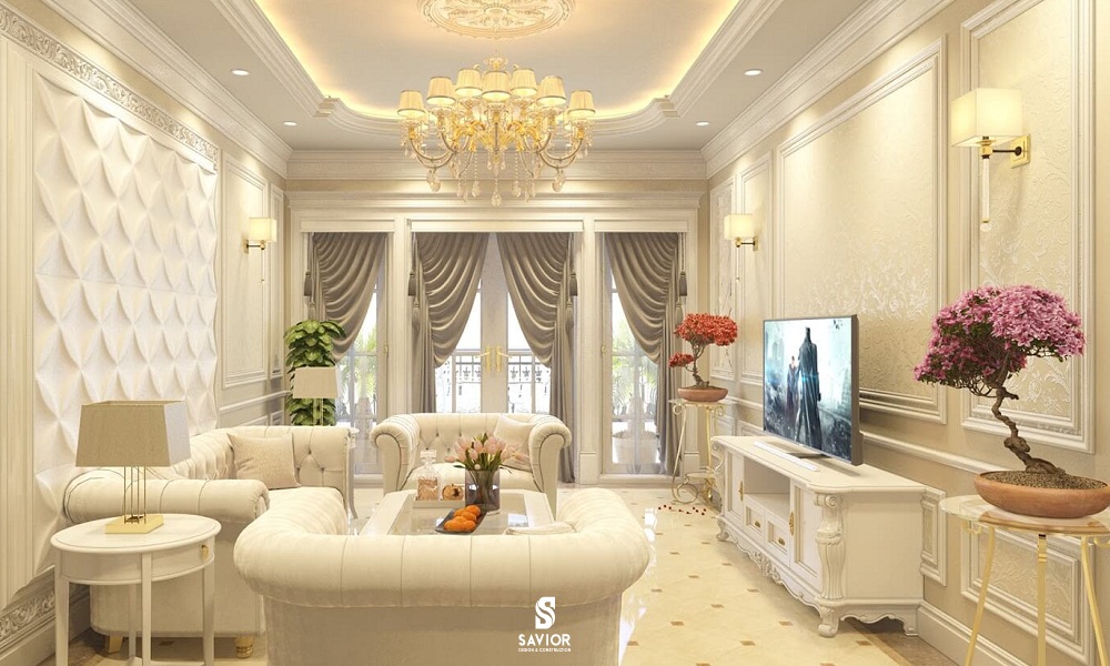 Màu trắng sữa sang trọng được sử dụng phổ biến trong các thiết kế phòng khách tân cổ điển