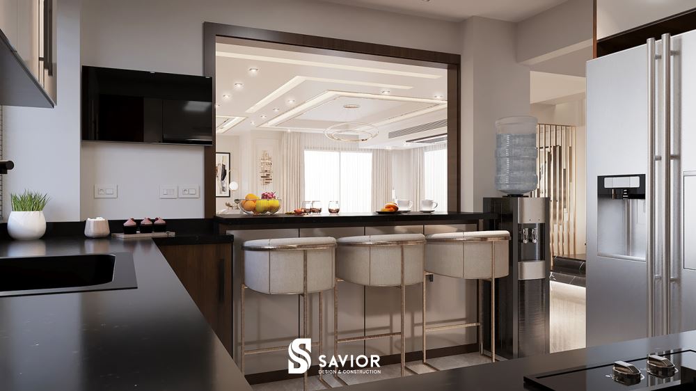 Quầy bar mở tạo thêm điểm nhấn cho khu vực phòng bếp