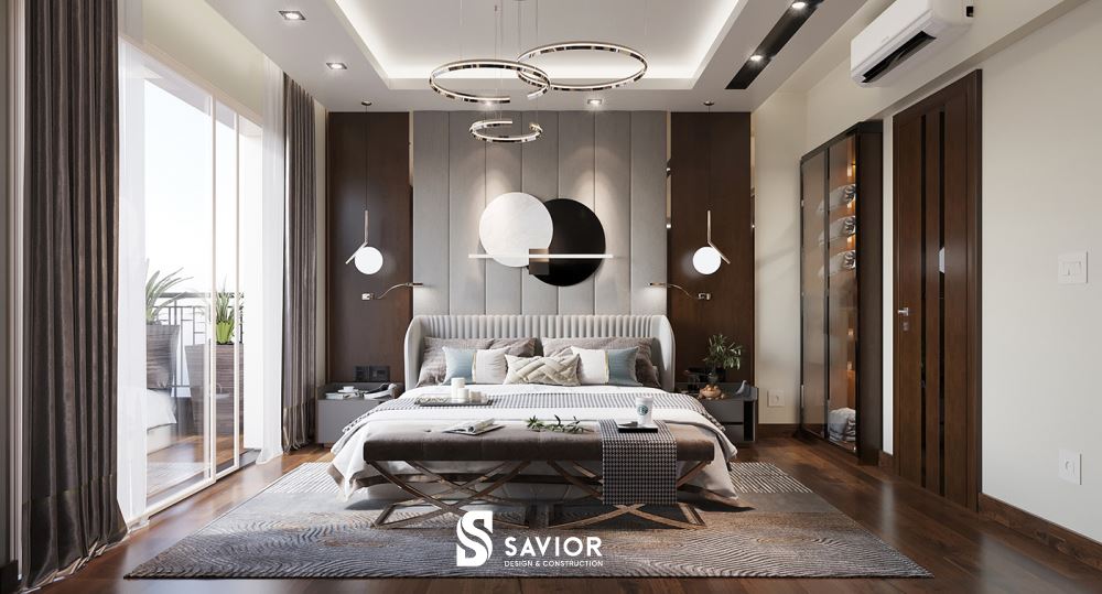 Tổng quan phòng ngủ Master với tông màu đơn sắc, nhẹ nhàng