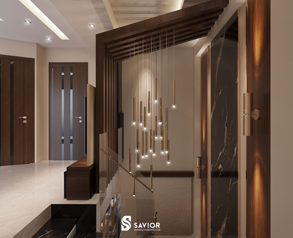 Hệ đèn chùm dáng thả cân bằng chiều cao của thiết kế căn hộ Duplex