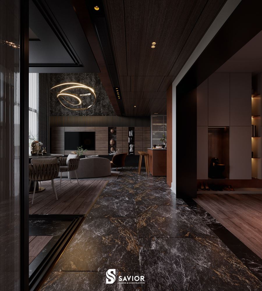 Sàn nhà kết hợp chất liệu gỗ công nghiệp và đá marble