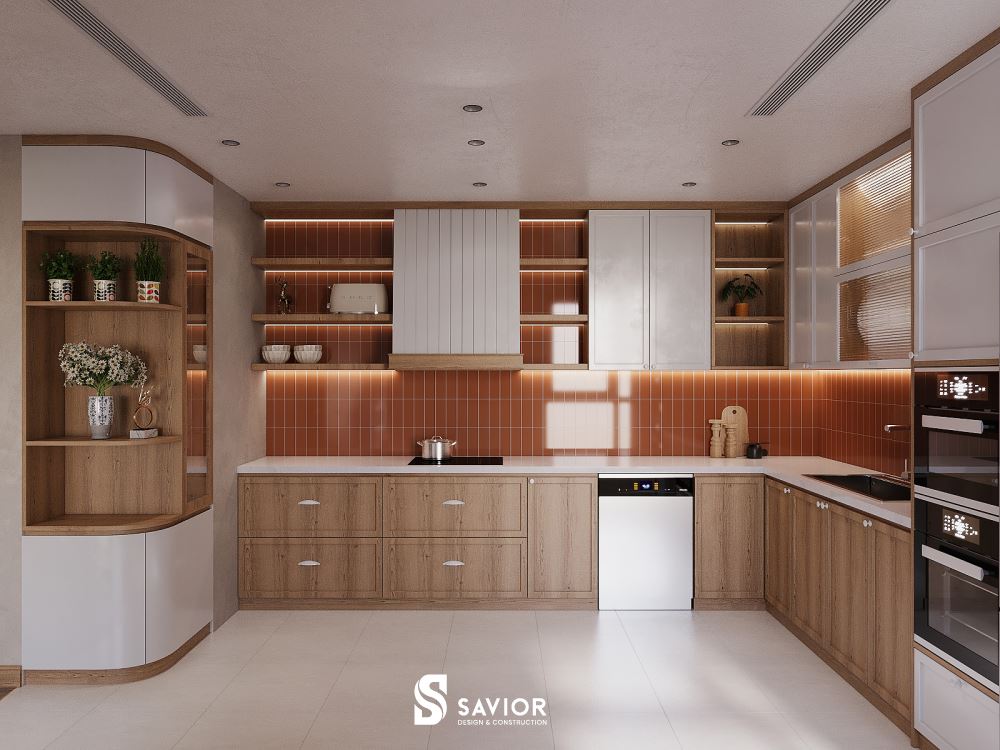 Khu vực phòng bếp rộng rãi, dáng chữ L tiện nghi