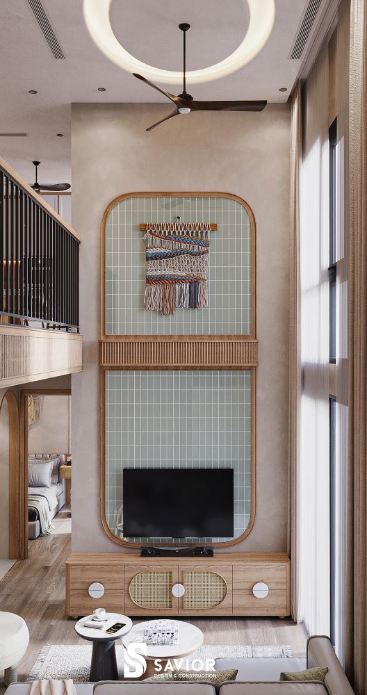 Đá ốp vách tivi nổi bật với tông màu xanh lam