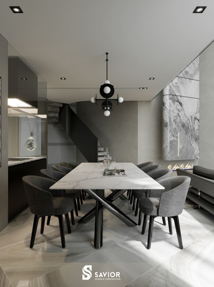 Khu vực bàn ăn cũng cùng tông màu xám chủ đạo
