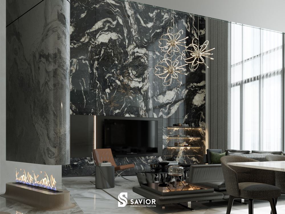 Vách ốp tivi phòng khách là một khối đá Marble lớn đầy ấn tượng