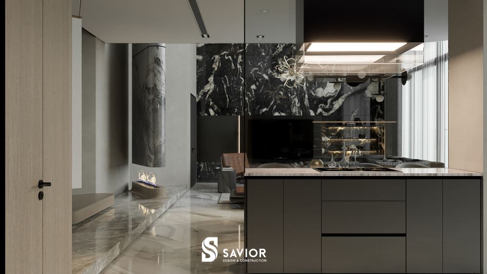 Nhà bếp với phòng khách thiết kế mở, liên thông với nhau