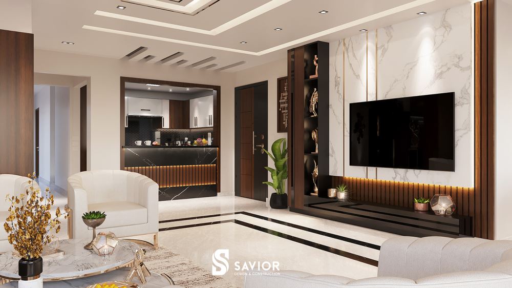 Vách ốp tivi sử dụng hệ đá marble vân mây thu hút