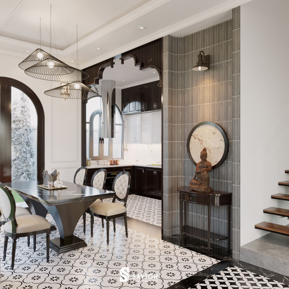 Các chi tiết văn hóa phương Đông như tượng Phật, nón lá,... mang đến nét đẹp riêng biệt cho không gian nội thất