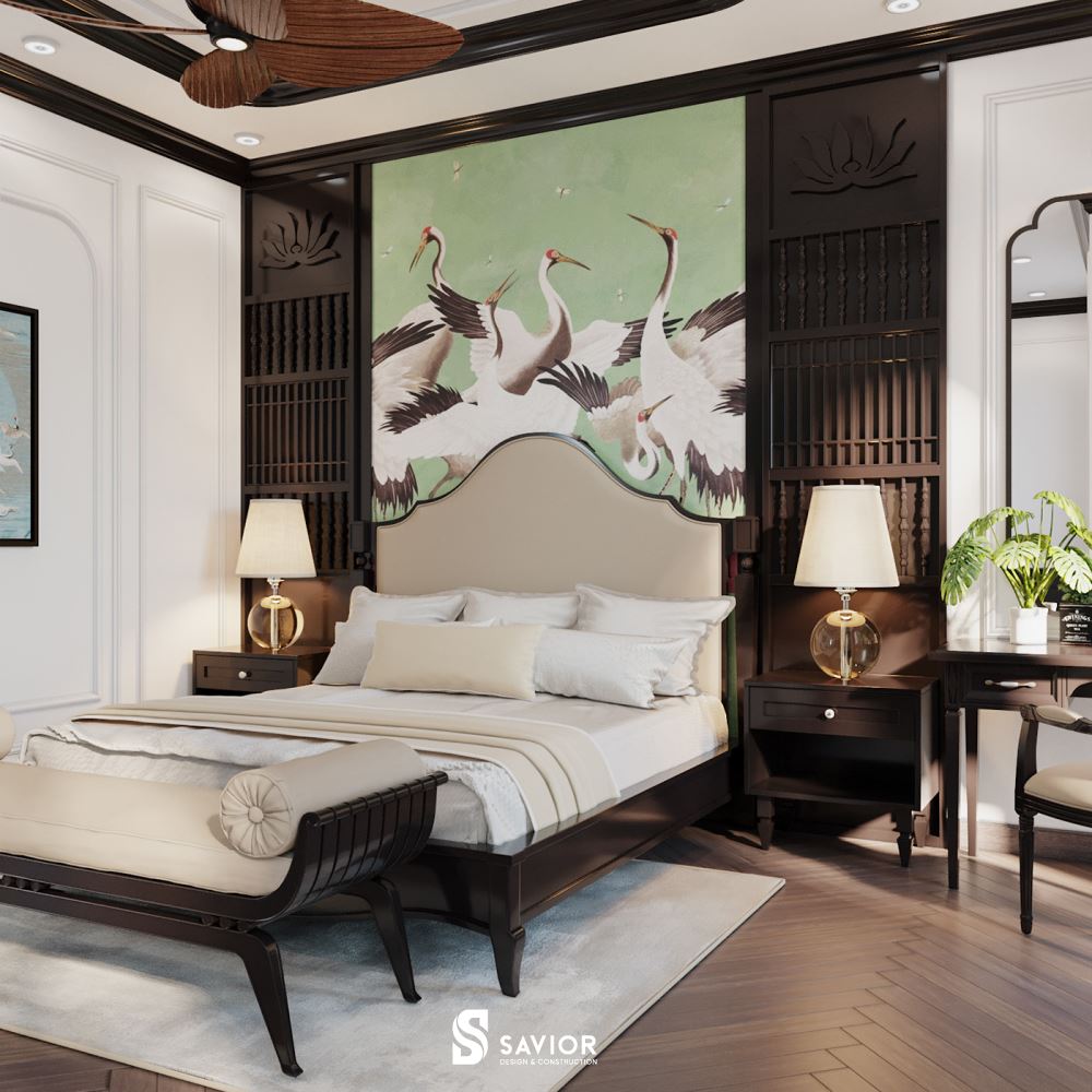 Phòng ngủ Master với những họa tiết chim hạc mang đậm nét văn hóa Việt