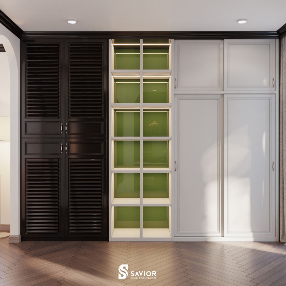 Hệ tủ quần áo với 2 chất liệu gỗ tự nhiên và gỗ công nghiệp