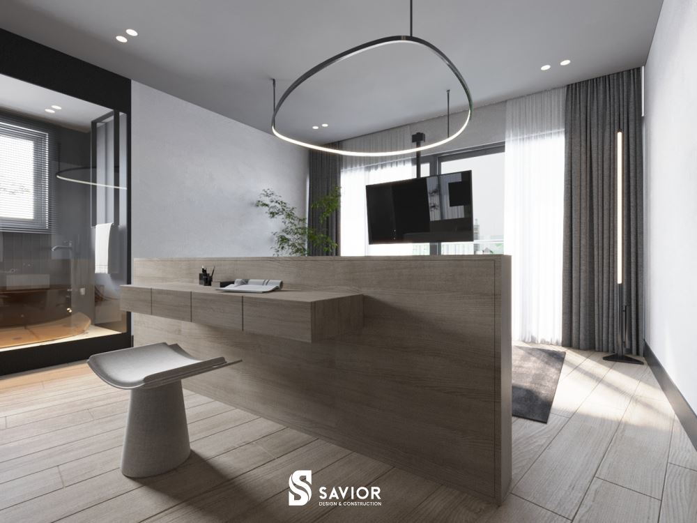 Các chi tiết nội thất trong phòng ngủ đều "cố ý" tạo tổng thể xuyên suốt, không gây phân chia không gian