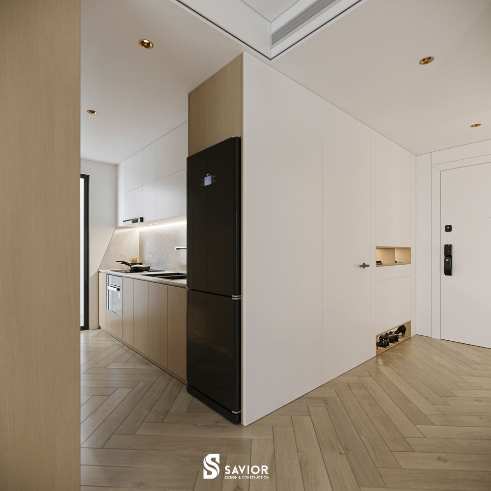 Tông màu đơn sắc đen, trắng, be làm chủ đạo cho mẫu thiết kế này