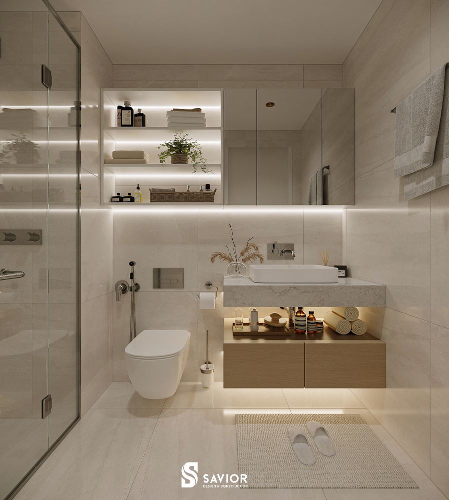 Phòng vệ sinh với tông màu trắng tươi sáng