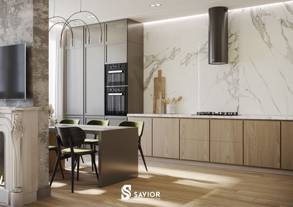 Phòng bếp thiết kế với tông màu trang nhã, tinh tế và tươi sáng