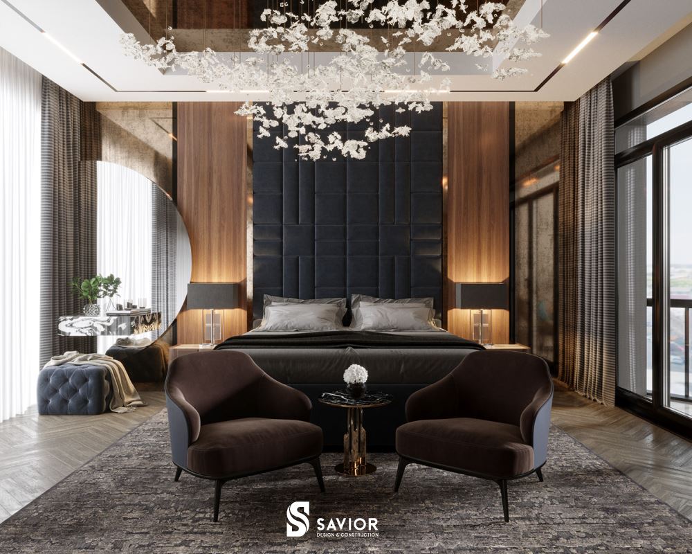 Phòng ngủ Master được bài trí cầu kỳ hơn, thể hiện rõ nét đặc trưng của phong cách tân cổ điển xa hoa