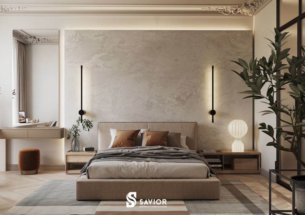 Phòng ngủ thứ 3 được thiết kế với tông màu kem be nữ tính