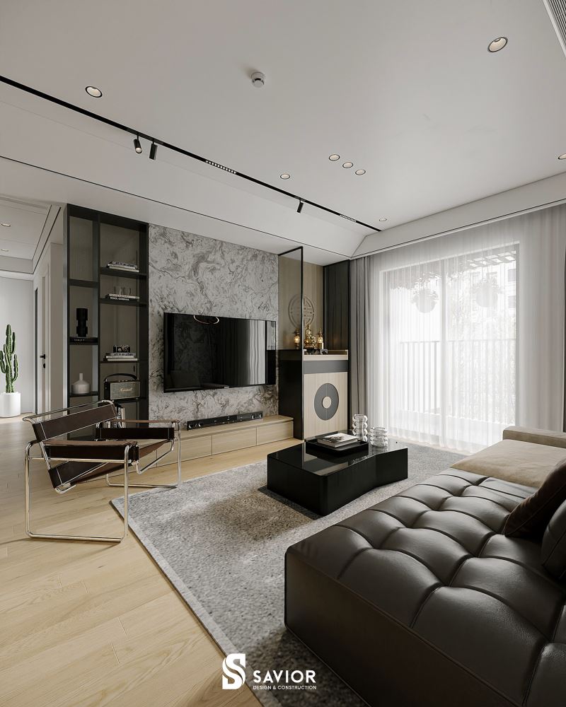 Tông màu đơn sắc làm chủ đạo của mẫu thiết kế chung cư 3 phòng ngủ 80m2