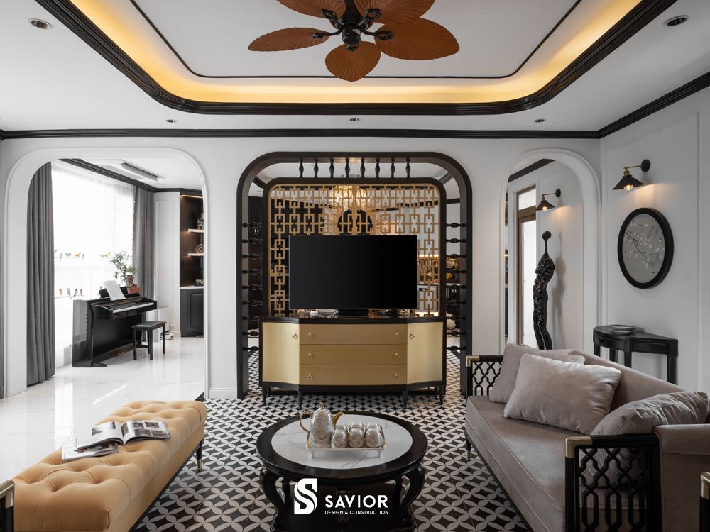 Không gian phòng khách với 2 tông màu chủ đạo là đen và trắng