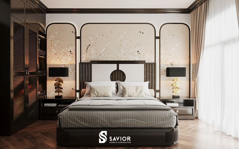 Họa tiết hoa lá làm mềm mại lại nét thô cứng của chất liệu gỗ tự nhiên