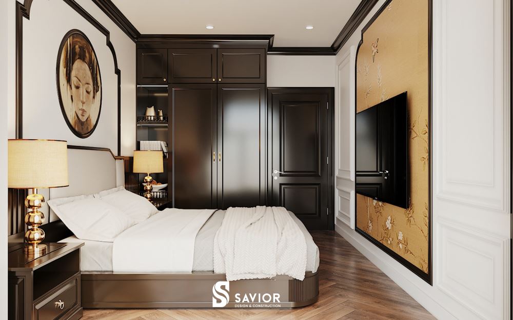 Tông màu vàng đậm làm điểm nhấn giữa chủ đạo sắc trắng của căn phòng