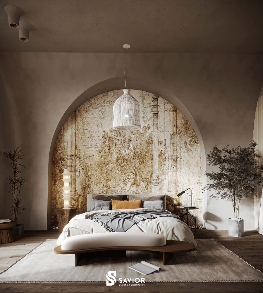 Phòng ngủ Master gây ấn tượng với họa tiết trang trí vách ốp đầu giường