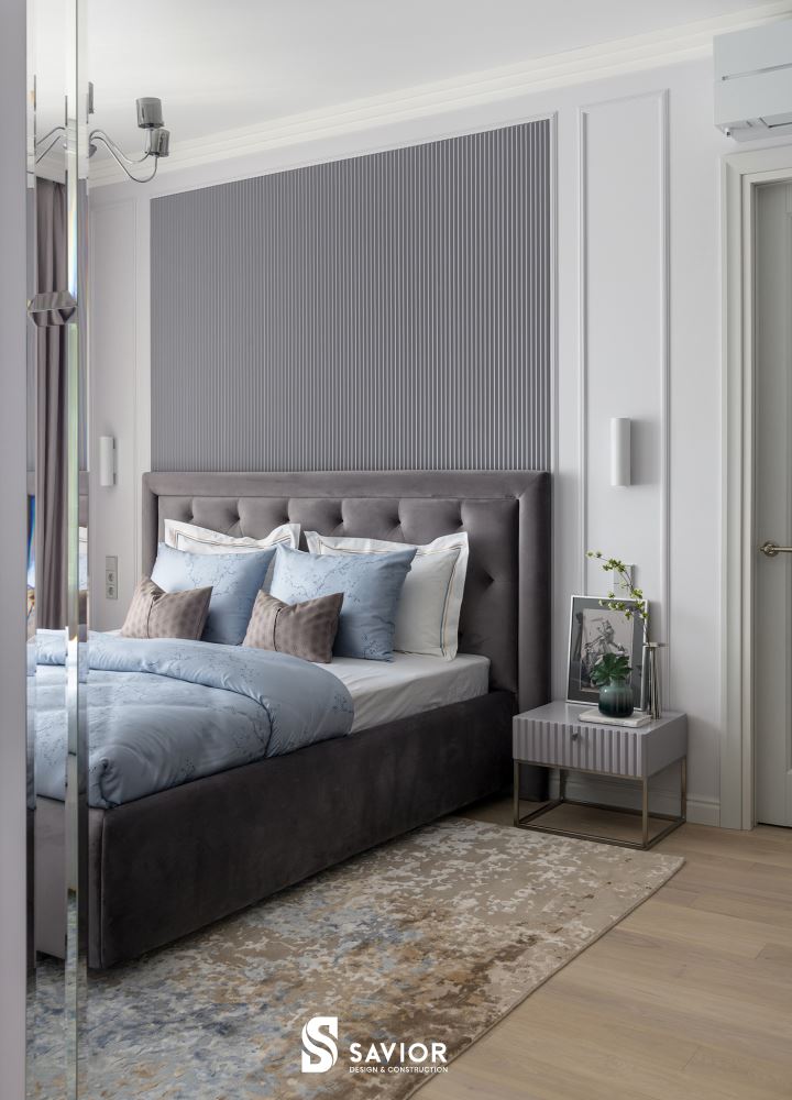 Phòng ngủ cũng sử dụng gam màu Pastel xanh lam đẹp mắt