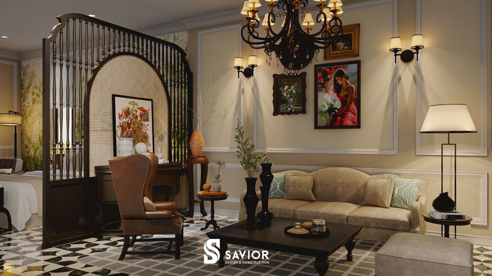 Mẫu thiết kế nội thất căn hộ 90m2 phong cách Đông Dương