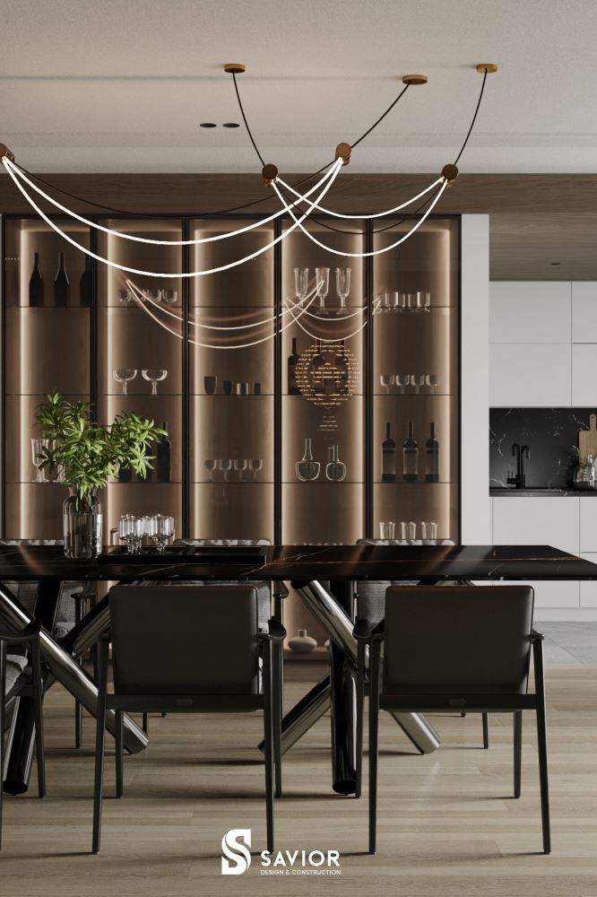 Tủ rượu bên cạnh bàn ăn làm điểm nhấn trang trí cho phòng khách