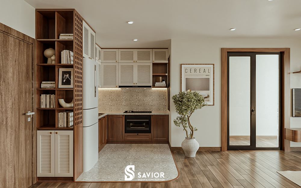 Phòng bếp được thiết kế gọn gàng, nhỏ nhắn song vẫn đảm bảo tiện nghi