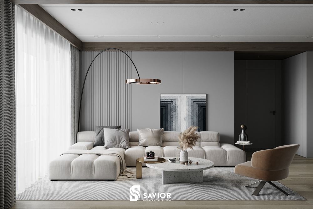 Phòng khách thiết kế với tông màu đơn sắc trắng đen làm chủ đạo