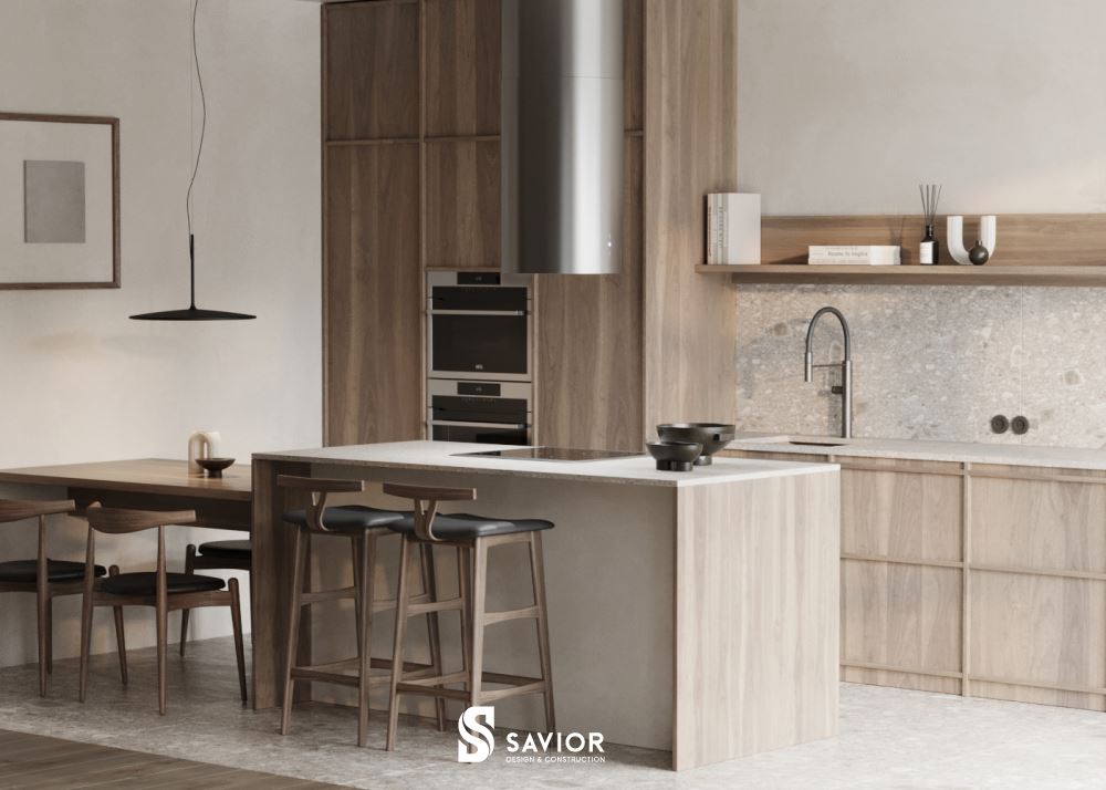 Chất liệu gỗ công nghiệp sử dụng chủ đạo cho không gian nhà bếp