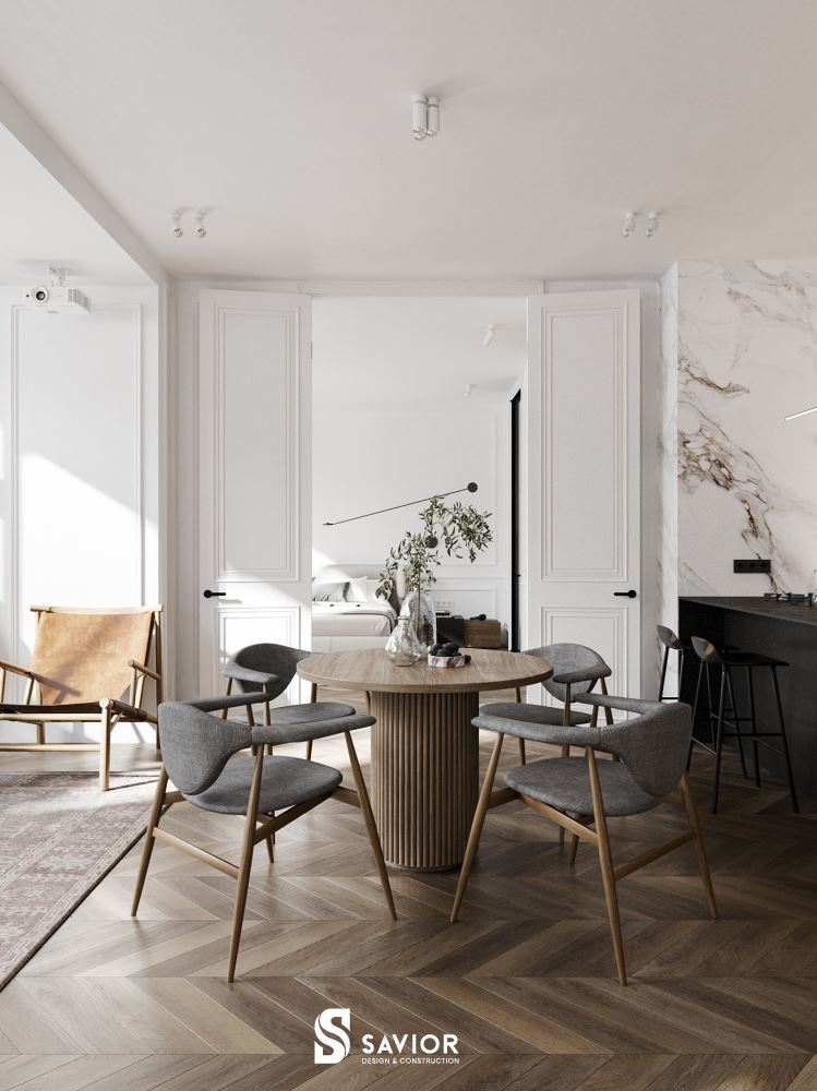 Chi tiết hoa văn phào chỉ trên tường nhà là điểm đặc trưng của nội thất tân cổ điển