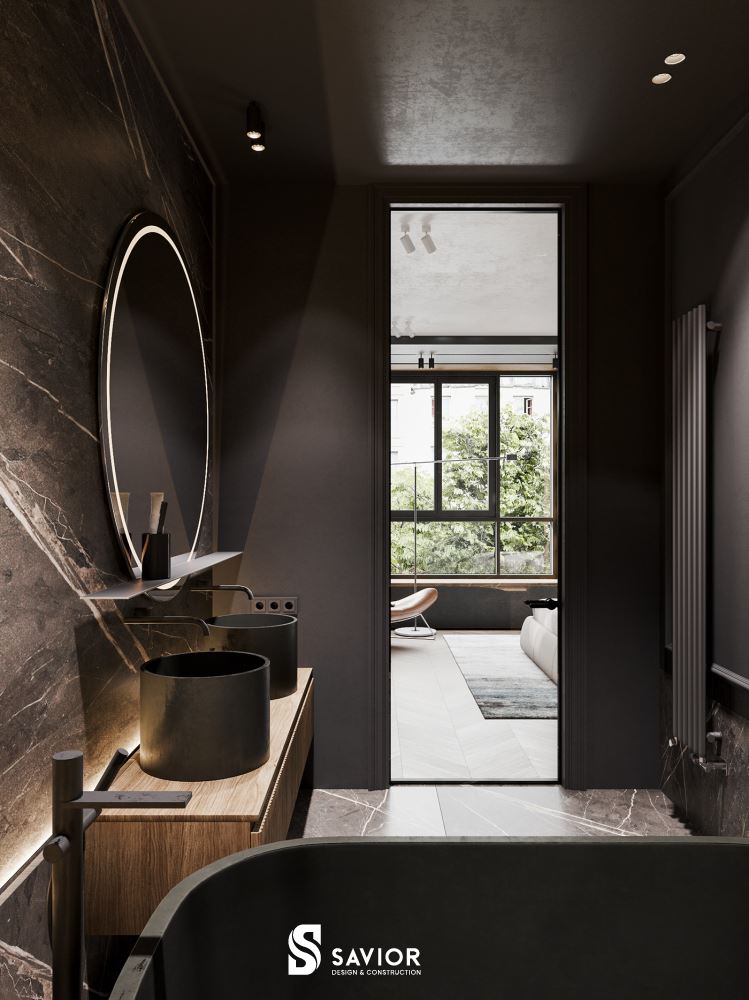 Phòng tắm Master với tông màu đen làm chủ đạo