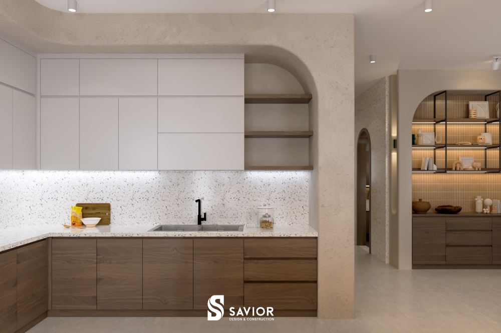 Chất liệu gỗ công nghiệp phủ Laminate được lựa chọn cho hệ thống tủ bếp